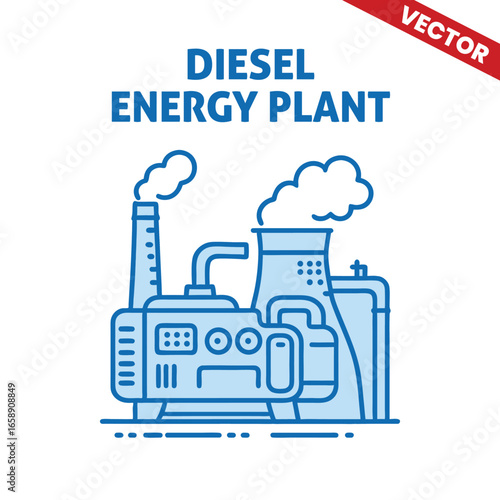 Diesel Energy Plant with Equipment, Power Generation and Emission Outline Graphic Illustration