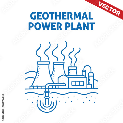 Geothermal Power Plant with cooling towers and steam pipes, outline graphic illustration