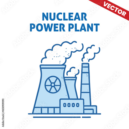 Detailed outline graphic illustration of a nuclear power plant with cooling towers, emission stacks, and a clean energy symbol, representing modern power generation
