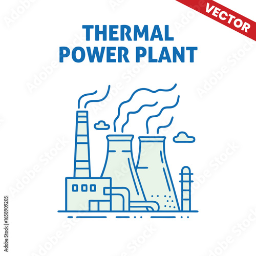 Outline graphic illustration of a thermal power plant with two cooling towers and smoke in the background