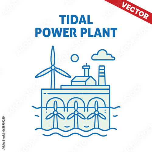 Tidal Power Plant with multiple turbines and sun in the background, outline graphic illustration