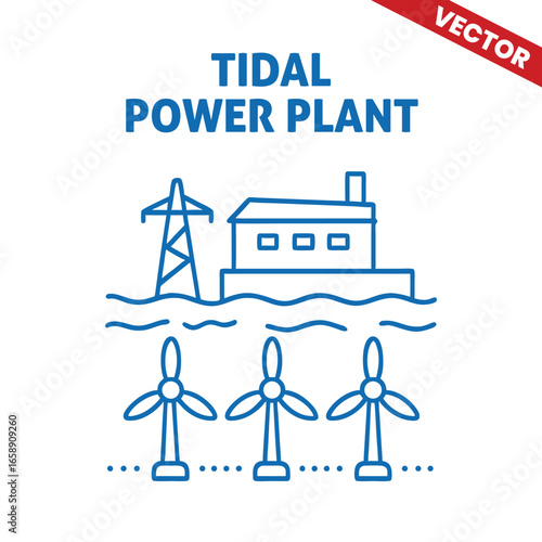 Tidal Power Plant with wind turbines and industrial building on water platform, outline graphic illustration