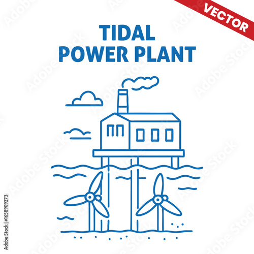 Tidal Power Plant with turbines under a cloudy sky, outline graphic illustration