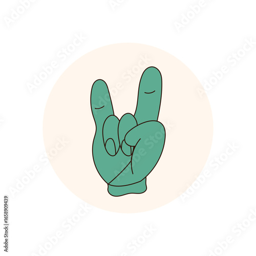 Groovy retro hand in funky cartoon graphic style sticker. Patch with smile forms a y2k circle lid sticker, ideal as a playful label for package. Vintage look for trendy pop product accents.