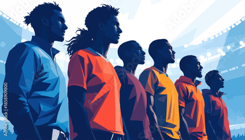 A group of athletes stand side-by-side, facing forward in a stadium setting, showcasing unity and team spirit.