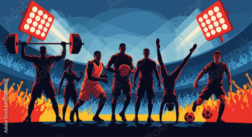 Silhouetted athletes compete in various sports before a roaring stadium crowd, illuminated by bright spotlights.