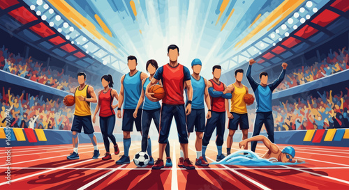 Diverse athletes stand united on a running track, showcasing various sports within a vibrant stadium filled with cheering spectators.