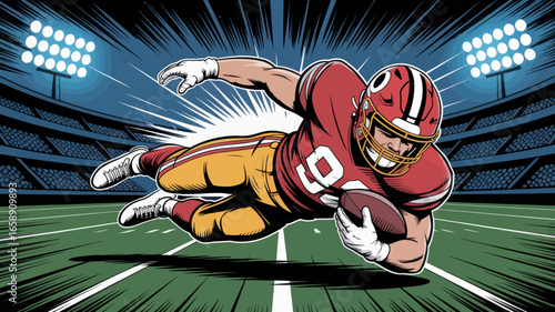 An American football player dives towards the end zone, scoring a touchdown in a stadium.