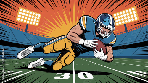 A football player dives forward, catching the ball in a stadium with bright lights and a dramatic background.