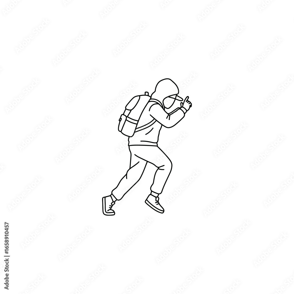 Fototapeta premium Backpack kid running fast and pointing forward perhaps for a travel blog or active lifestyle campaign conveying adventure and youthful energy in a simple line art