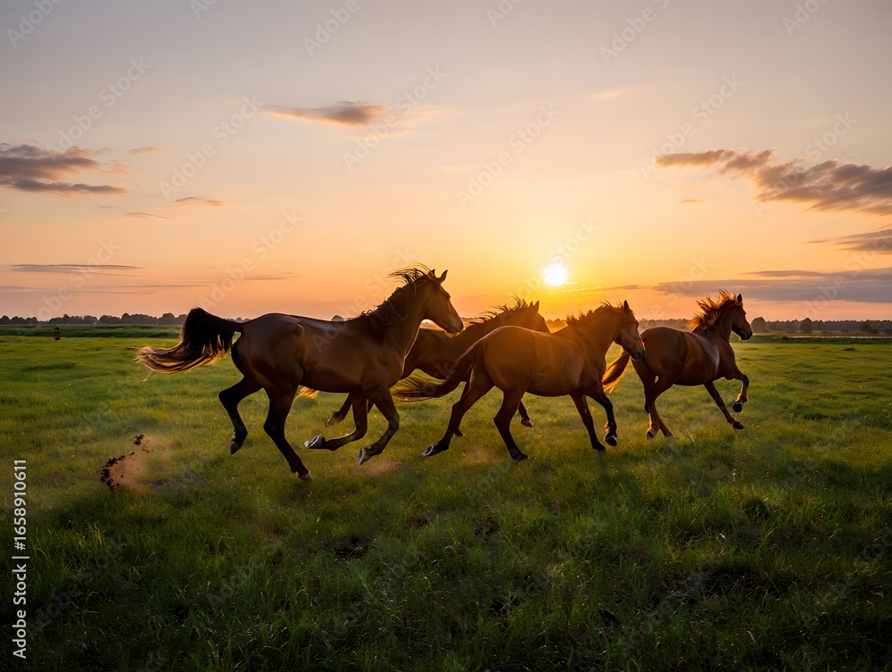 Horses Galloping at Sunset in a Field running herd Horses Galloping at Sunset in a Field running herd