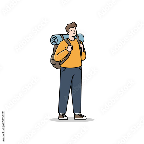 Backpack traveler enjoying the outdoor scenery a young man hiking with a pack exploring nature trails for adventure and healthy lifestyle perfect for travel blogs.