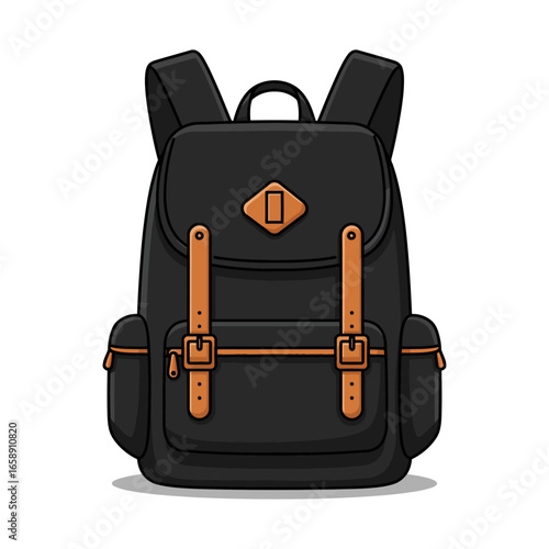 Black backpack with brown straps an illustration perfect for travel blogs camping equipment websites and outdoor adventure gear promotions.