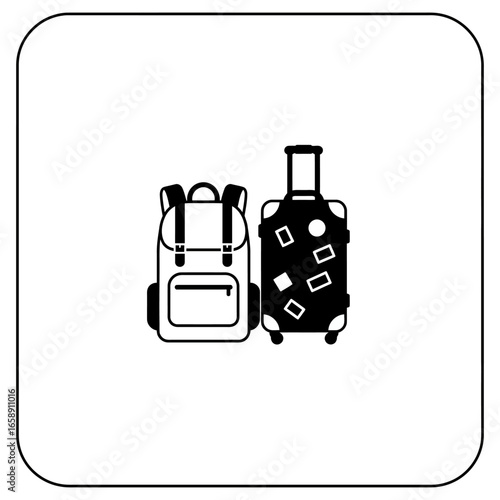 Backpack and luggage essential travel gear for wanderlust ideal for adventure blog showcasing journey planning black and white illustration symbolizing exploration and vacation ready.