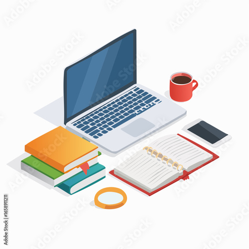 Isometric illustration of a modern workspace with a laptop, books, coffee, and a notebook for study or work.