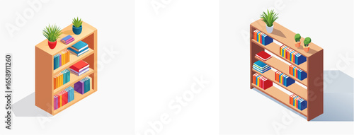 Isometric illustration of two wooden bookshelves with books and plants on a white background.