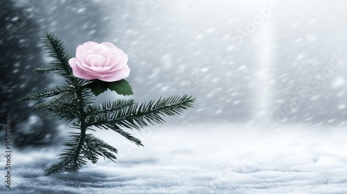 A Delicate Rose Emerges in Winter's Embrace Against Snowy Background Scene