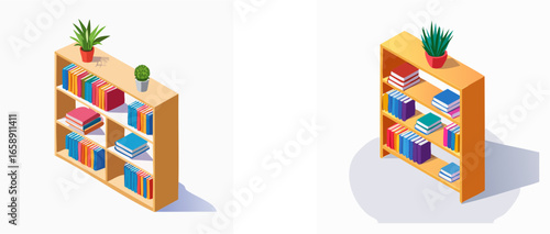 Isometric illustration of two wooden bookshelves filled with colorful books and decorative potted plants, depicting a modern library or study space.