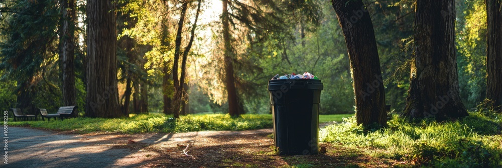 Fototapeta premium Park trash can under sunlight trees