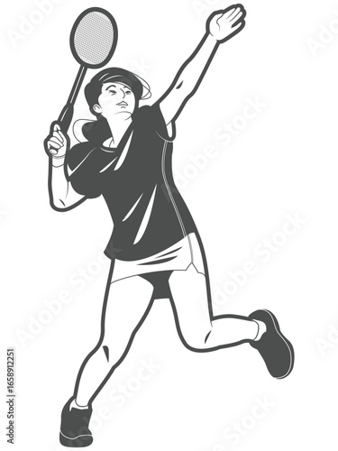 Vector illustration of a female badminton player hitting a smash shot in dynamic action pose