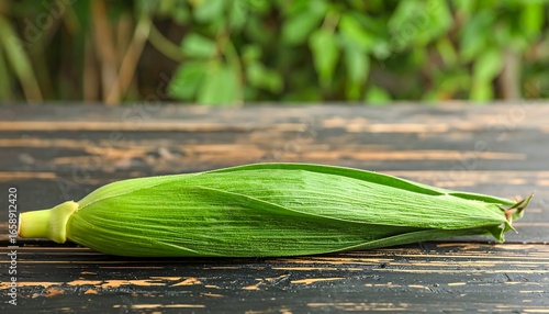 Fresh unripe corn husk on wooden surface