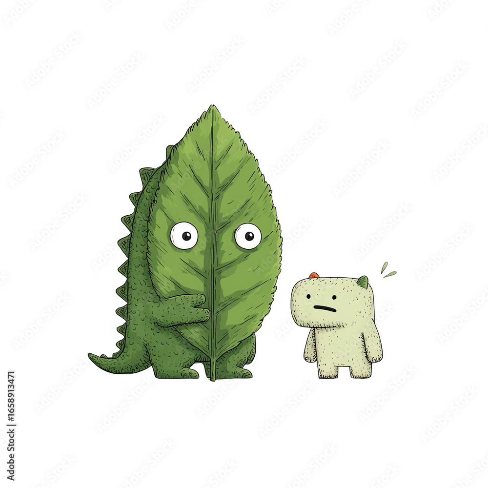 Fototapeta premium A whimsical cartoon creature hides behind a large leaf, engaging with a curious smaller character in a vibrant setting.