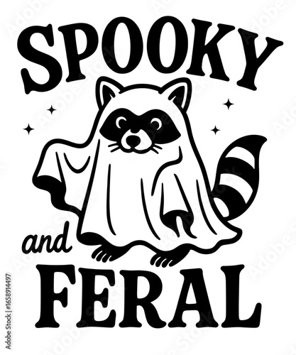 A whimsical illustration presents a masked raccoon dressed in a playful ghost costume, exuding a spooky yet endearing aura.  It's a charming visual celebrating the lighthearted side of Halloween.