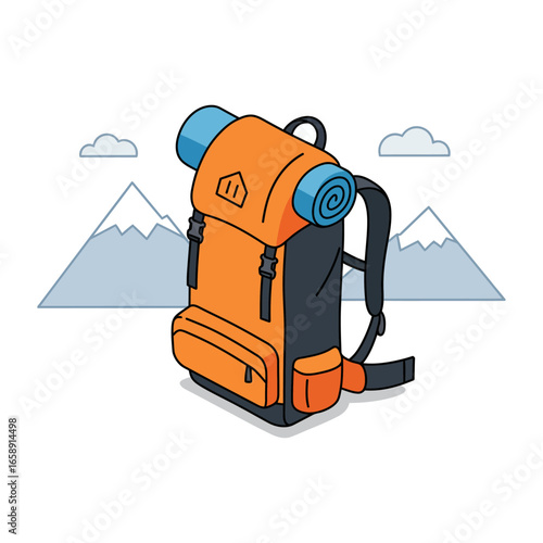 Hiking backpack with sleeping bag against a mountain backdrop ideal for outdoor adventure blogs promoting travel destinations and nature getaways.