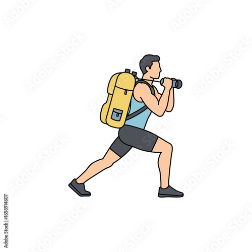 Man with backpack using binoculars outdoors on an active excursion enjoying the scenery perfect for travel blogs and outdoor adventure articles.