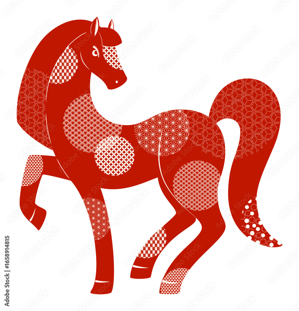 Obraz premium Chinese zodiac sign horse with patterns character flat, isolated on transparent. 2026 Lunar New Year hand drawn vector illustration. Traditional holiday celebration design elements, seasonal banner