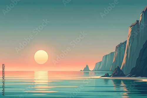 Minimalist Seaside Cliffs at Dawn with Pale Yellow Sun