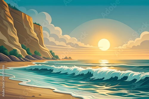 Minimalist Seaside Cliff Sunrise with Golden Sun in Pale Sky