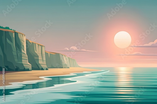 Minimalist Seaside Cliffs Morning with Pale Yellow Sun
