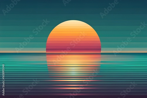 Minimalist Serene Shoreline at Dusk with Deep Orange Sun