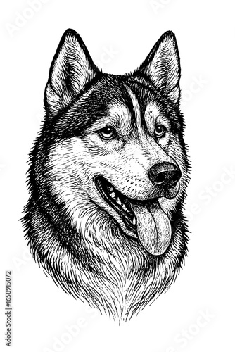 A detailed ink illustration of a majestic Husky, showcasing its piercing eyes and expressive features. Capturing the spirit and individuality of this beloved breed.