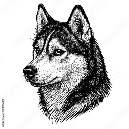 A striking and detailed portrait of a Siberian Husky, captured in high contrast, with its piercing gaze. It embodies the spirit of loyalty.