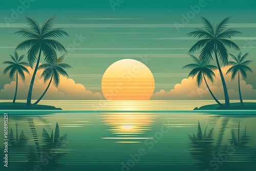 Minimalist Tropical Bay Sunrise with Golden Sun in Pastel Sky