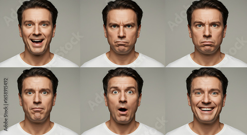 Man displays a range of emotions and facial expressions isolated on white background