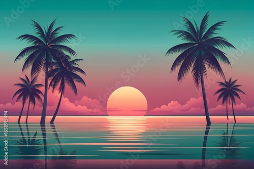 Minimalist Tropical Evening Shore with Crimson Sun