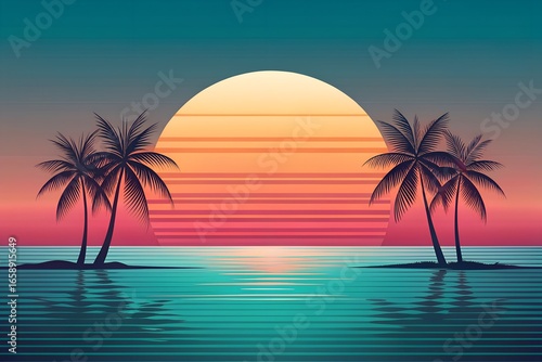Minimalist Tropical Horizon Morning with Bright Orange Sun