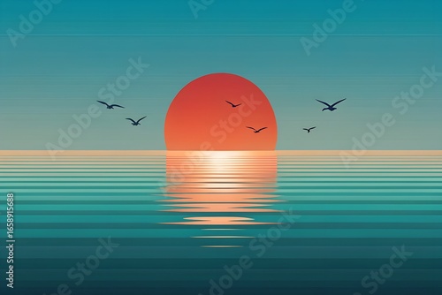 Minimalist Tropical Horizon with Birds and Deep Red Sun