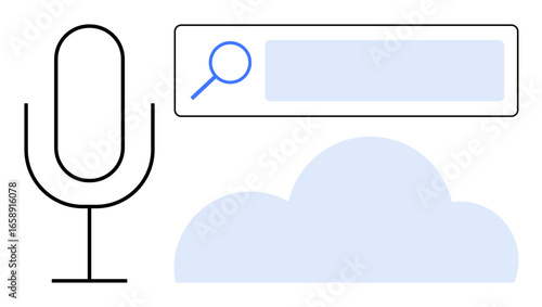 Microphone, search bar with magnifying glass icon, and cloud icon. Ideal for AI, voice recognition, cloud storage, search optimization, digital communication, web technology simple landing page
