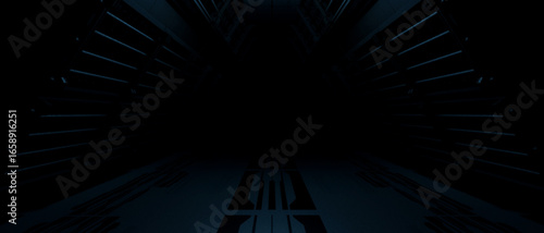 Futuristic blue corridor with hexagonal shapes and glowing lights