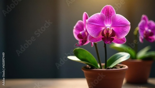 Vibrant Phalaenopsis orchids bloom in terracotta pot, leaves, flowers
