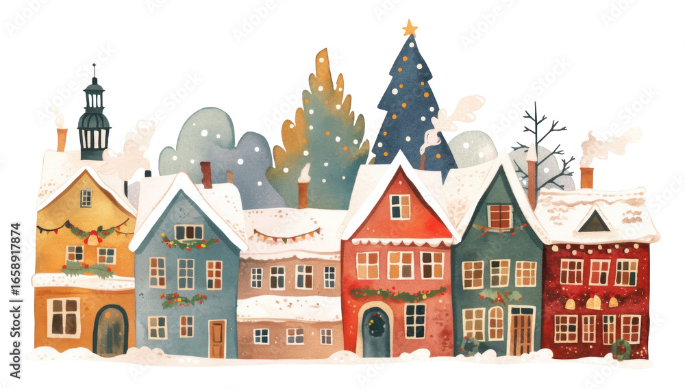 Obraz premium PNG Christmas five houses christmas illustration decorations.