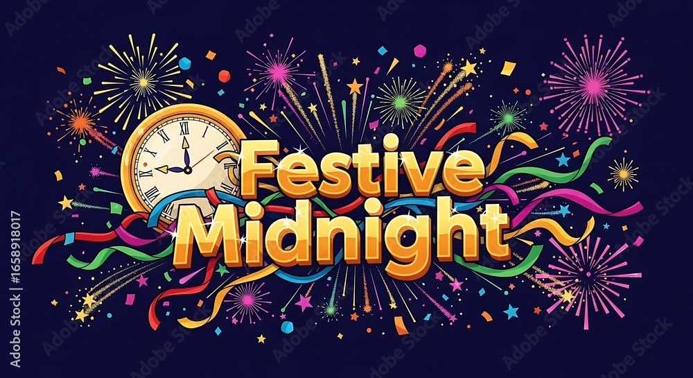 Fototapeta premium Festive Midnight Celebration with Clock and Colorful Confetti, Fireworks