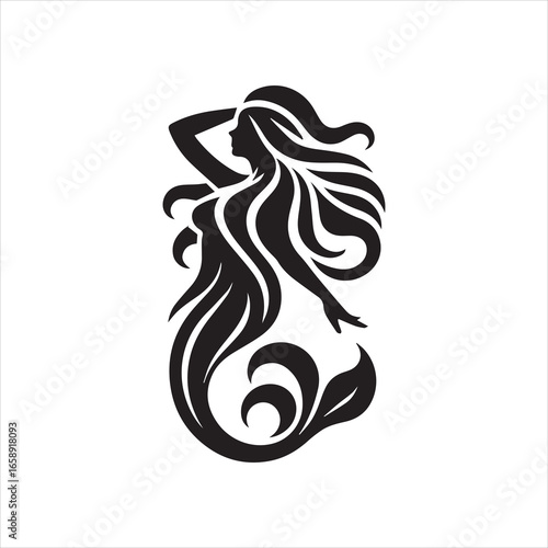 Elegant Silhouette of a Mermaid with Flowing Hair and Ornate Tail.
