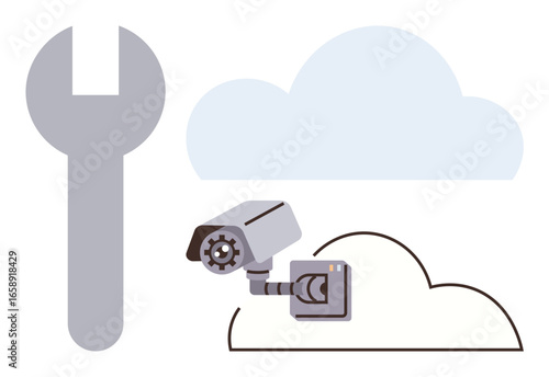 CCTV camera, wrench, and cloud icon representing maintenance, cloud storage, and security solutions. Ideal for technology, data privacy, innovation, surveillance service smart devices simple flat