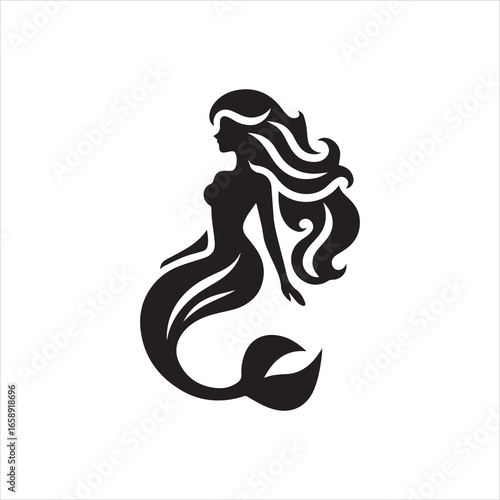 Graceful Silhouette of a Mermaid with Flowing Hair and Tail Fin.