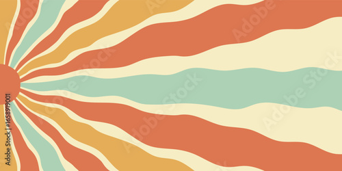 Groovy retro sun burst style with orange and yellow color. Abstract sun ray and sunshine wave flow through a horizontal background. Y2k groovy influence create a vibrant look, perfect for cool modern
